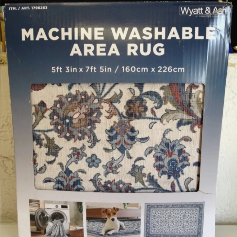 Wyatt & Ash Machine Washable Area Rug - Floral Blue & Ivory